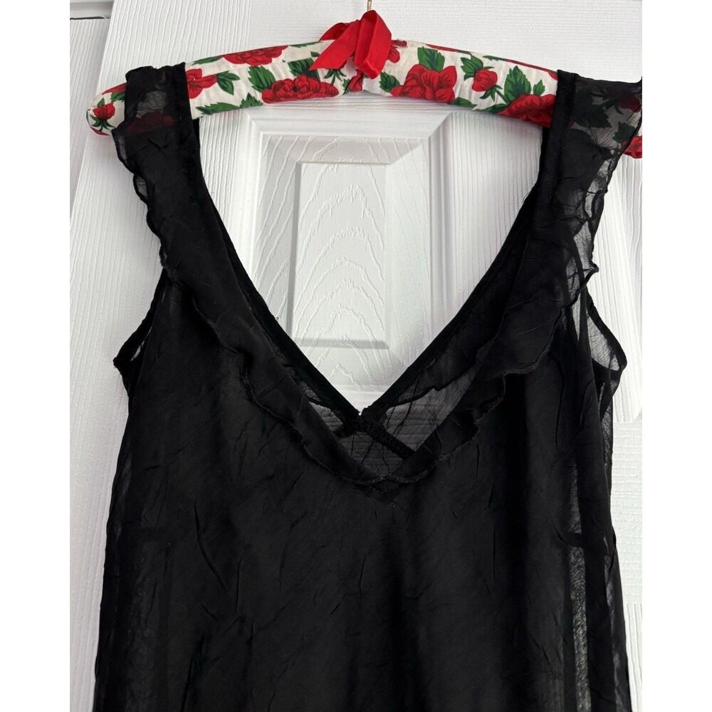 90s Y2K Crinkle Sheer Black Midi Slip Dress W/ Ruffle Fairy Whimsigoth Witchy - Picture 2 of 12